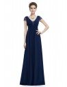 Navy Blue Lace Short Sleeve Long Evening Dress - EP08787NB
