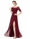 Burgundy Slit Short Sleeve Prom Party Dress - EP08793BD