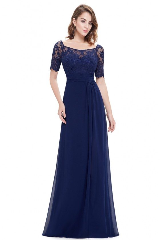 Navy Blue Slit Short Sleeve Prom Party Dress - EP08793NB