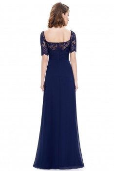 Navy Blue Slit Short Sleeve Prom Party Dress - EP08793NB