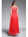 Red Embroidery Short Sleeve Long Dress - CK605