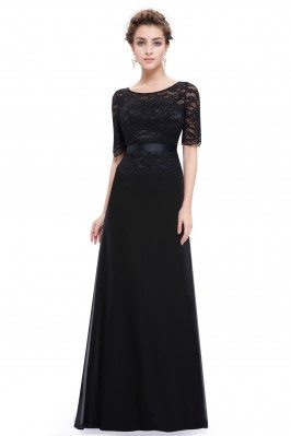 Black Lace Round Neck Long Evening Dress with Sleeves - EP08847BK