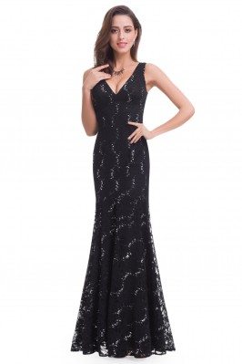 Black Lace V-neck Long Mermaid Evening Dress - EP08855BK