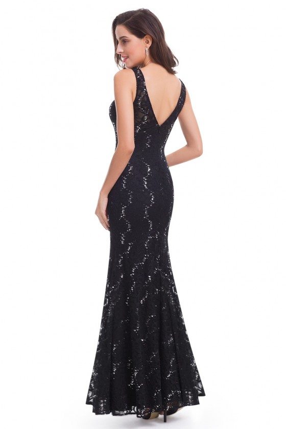 Black Lace V-neck Long Mermaid Evening Dress - $59 #EP08855BK - SheProm.com