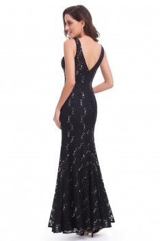 Black Lace V-neck Long Mermaid Evening Dress - EP08855BK
