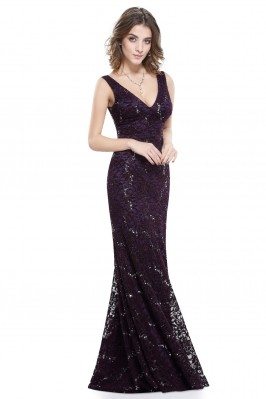Dark Purple Lace V-neck Long Mermaid Evening Dress - EP08855DP