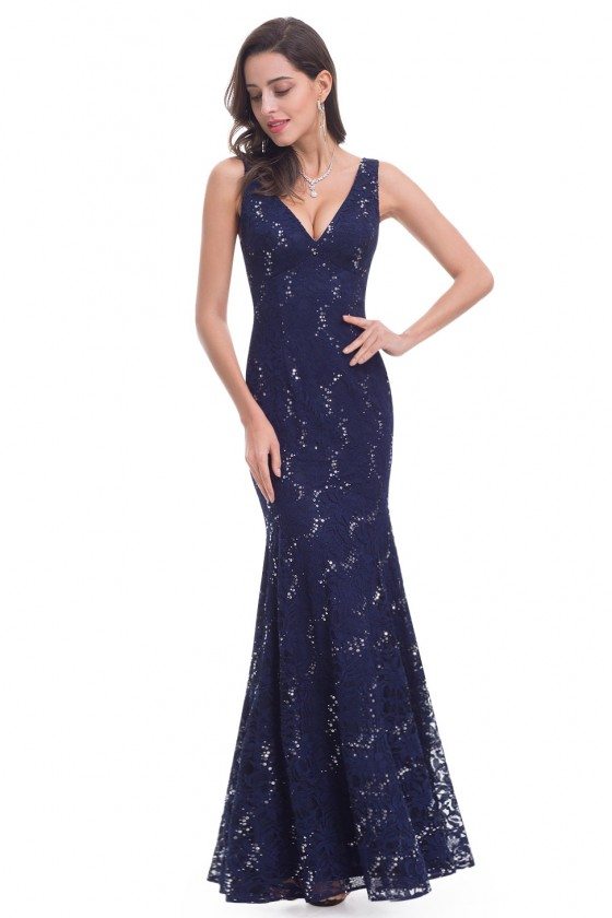 Navy Blue Lace V-neck Long Mermaid Evening Dress - EP08855NB