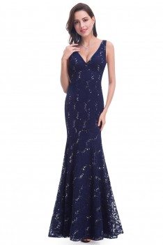 Navy Blue Lace V-neck Long Mermaid Evening Dress - EP08855NB