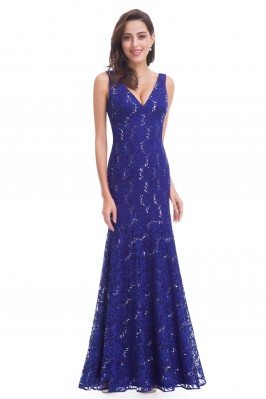 Royal Blue Lace V-neck Long Mermaid Evening Dress - EP08855SB