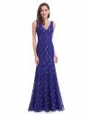 Royal Blue Lace V-neck Long Mermaid Evening Dress - EP08855SB