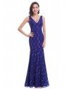 Royal Blue Lace V-neck Long Mermaid Evening Dress - EP08855SB