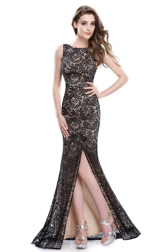 Black Full Lace Slit Mermaid Long Prom Dress - $56 #EP08859BK - SheProm.com