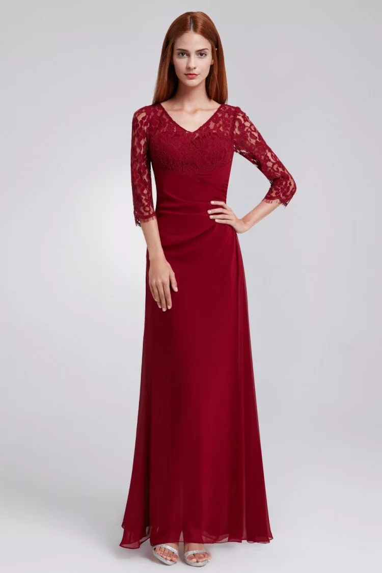 Burgundy Lace 3/4 Sleeve Long Evening Dress - $56 #EP08861BD - SheProm.com