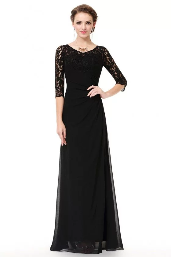 Black Lace 3/4 Sleeve Long Evening Dress - $56 #EP08861BK - SheProm.com