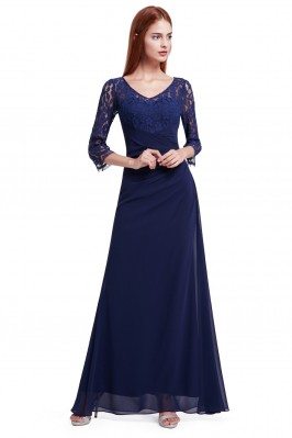 Navy Blue Lace 3/4 Sleeve Long Evening Dress - EP08861NB