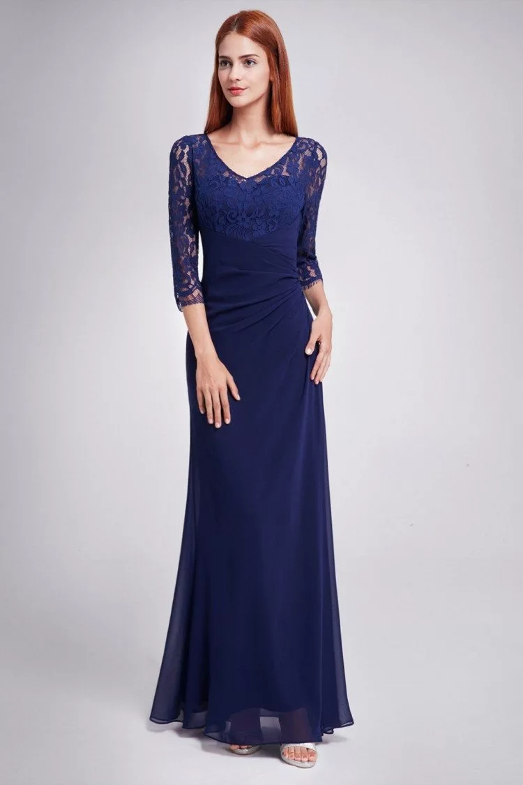 Navy Blue Lace 3/4 Sleeve Long Evening Dress - $56 #EP08861NB - SheProm.com