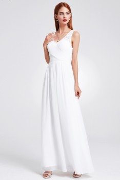 Women's White V-Neck Long Chiffon Evening Party Dress - EP08871WH