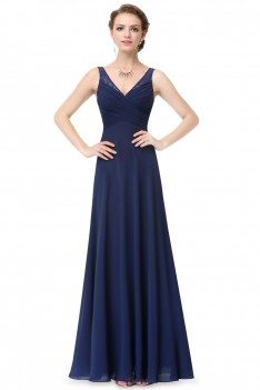 Navy Blue Chiffon V-neck Long Evening Dress - EP08877NB