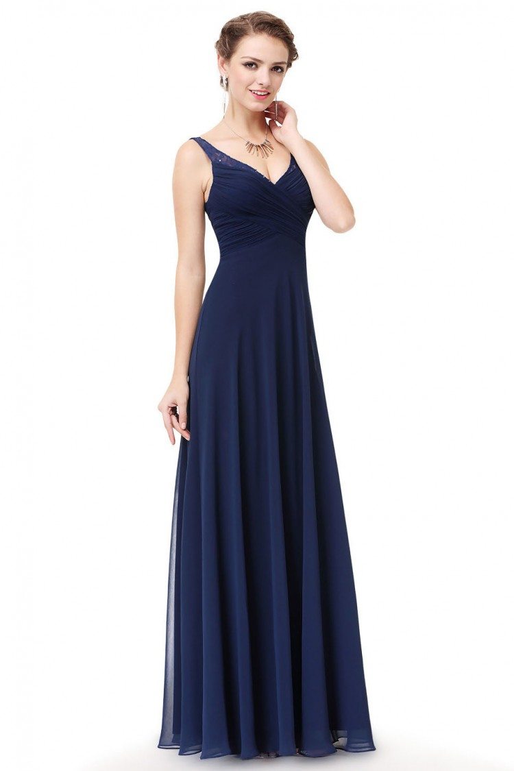 Navy Blue Chiffon V-neck Long Evening Dress - $64 #EP08877NB - SheProm.com