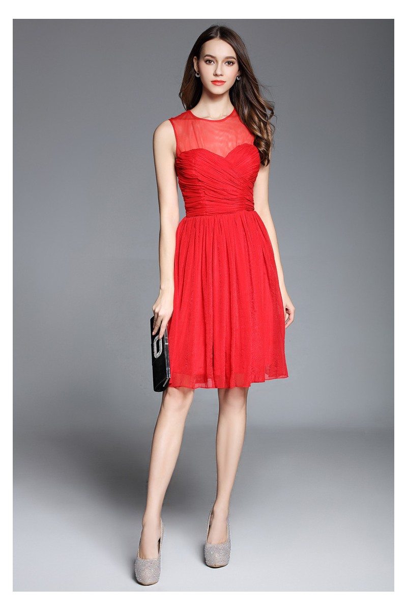 Little Red Sheer Neckline Short Dress - $63 #DK371 - SheProm.com