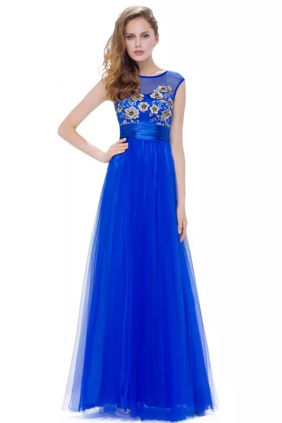 Royal Blue Tulle Round Neck Sleeveless Long Prom Dress - $52.64 # ...