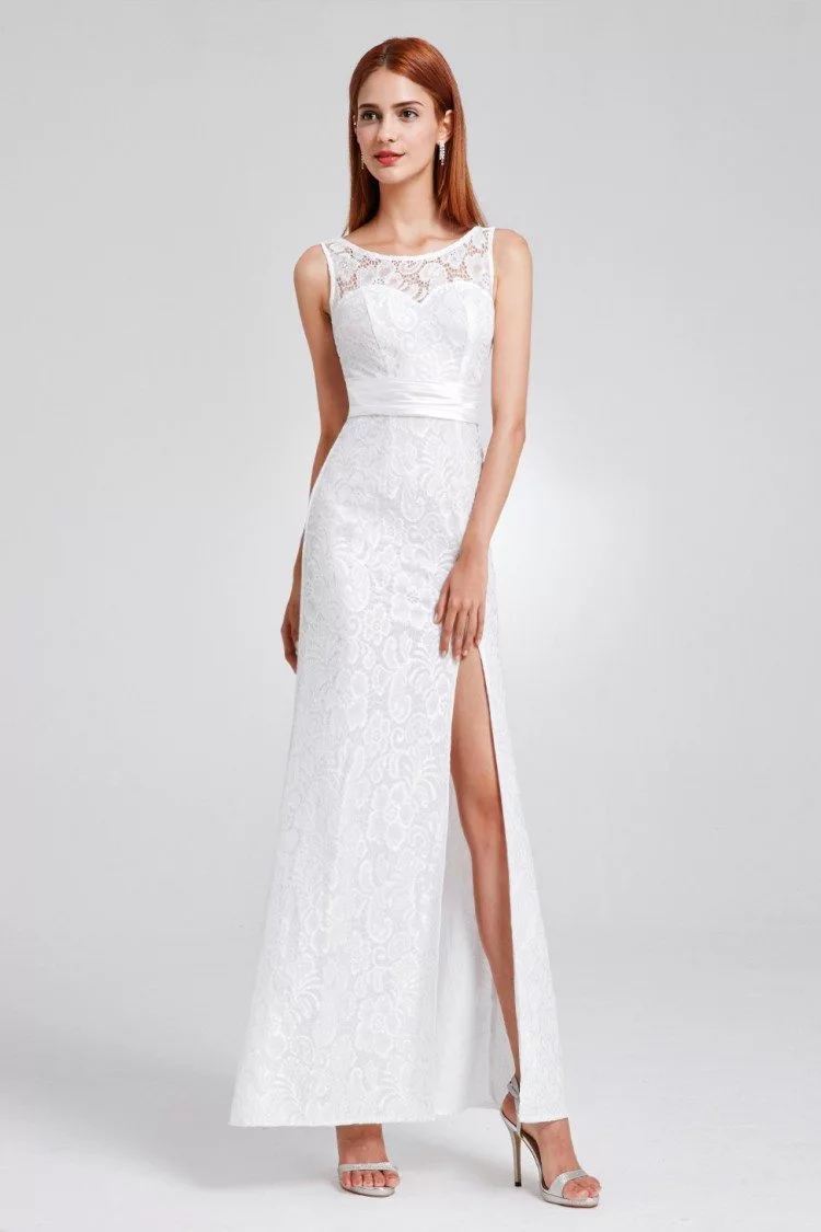 White Full Lace Slit Formal Evening Dress with Sash - $59 #EP08949WH ...