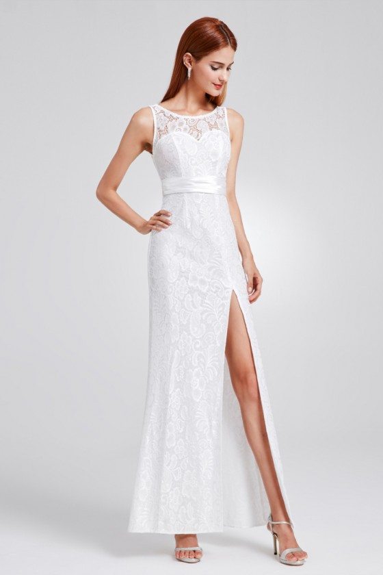 White Full Lace Slit Formal Evening Dress with Sash - $55.46 #EP08949WH ...