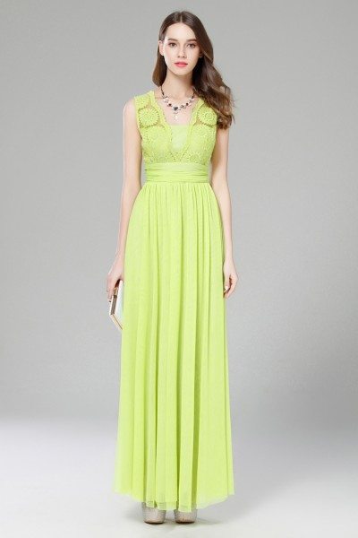 Green Lace Open Back Long Formal Gown