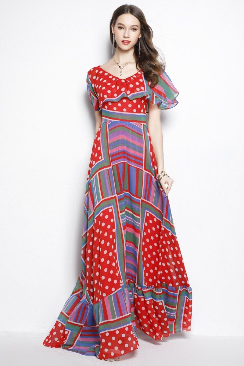 Colorful Print Long Chiffon Beach Dress  $69 #CK2019  SheProm.com