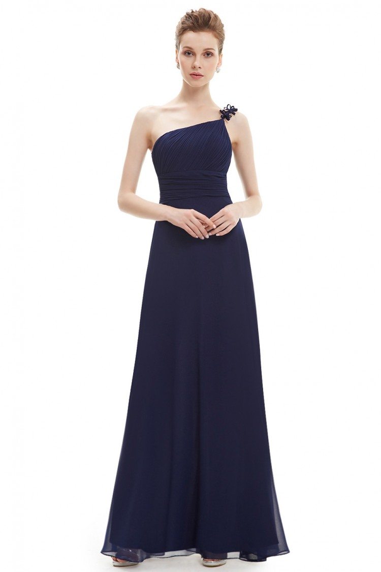 Navy Blue One Shoulder Flower Ruffles Chiffon Formal Dress - $45 # ...