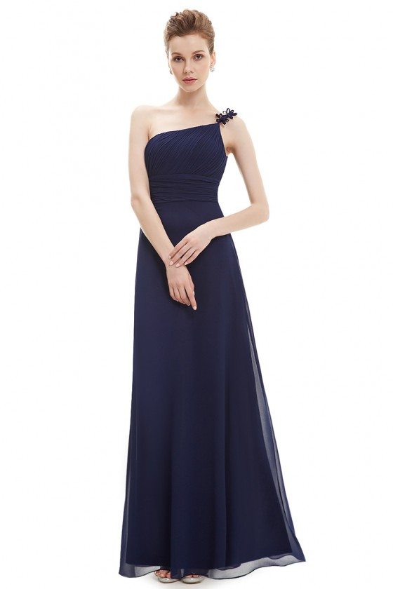 Navy Blue One Shoulder Flower Ruffles Chiffon Formal Dress - $45 # ...