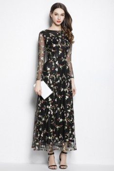 Black Round Neck Sheer Sleeve Embroidery Party Dress