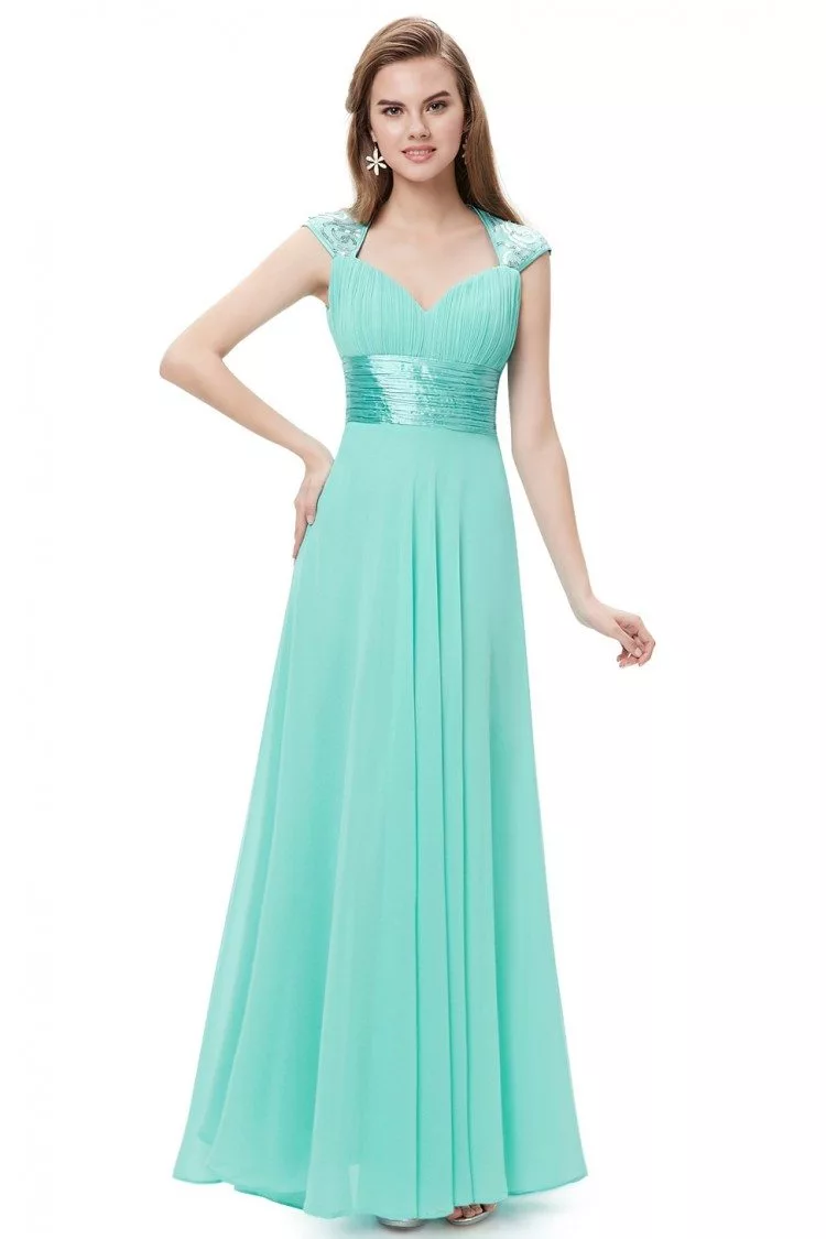 Aqua V-neck Sequins Chiffon Ruffles Empire Line Evening Dress - $45 # ...