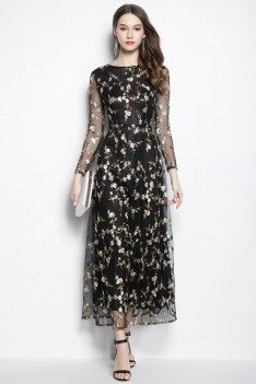 Black Round Neck Sheer Sleeve Embroidery Party Dress - C2065