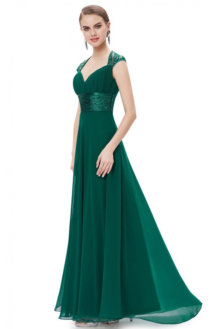 Dark Green V-neck Sequins Chiffon Ruffles Empire Line Evening Dress ...