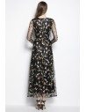 Black Round Neck Sheer Sleeve Embroidery Party Dress - C2065