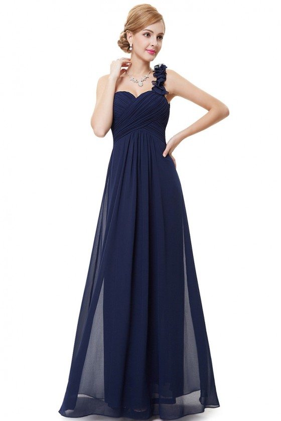Navy Blue Flowers One Shoulder Chiffon Padded Bridesmaid Dress - $46.06 ...