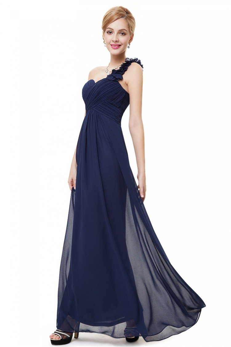 Navy Blue Flowers One Shoulder Chiffon Padded Bridesmaid Dress - $46.06 ...