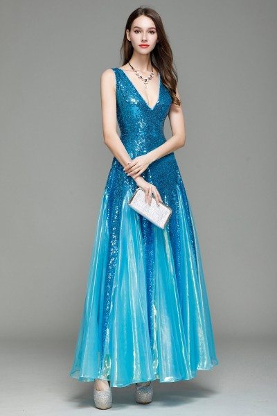 Blue Sequin Deep V-neck Long Prom Dress