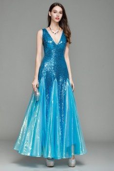 Blue Sequin Deep V-neck Long Prom Dress - CK7155