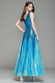 Blue Sequin Deep V-neck Long Prom Dress - CK7155