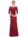 Burgundy 3/4 Sheer Sleeves Lace Scalloped Neckline Long Formal Dress - EP09882BD