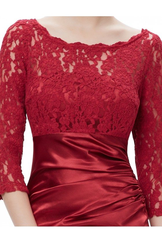 Burgundy 3/4 Sheer Sleeves Lace Scalloped Neckline Long Formal Dress ...