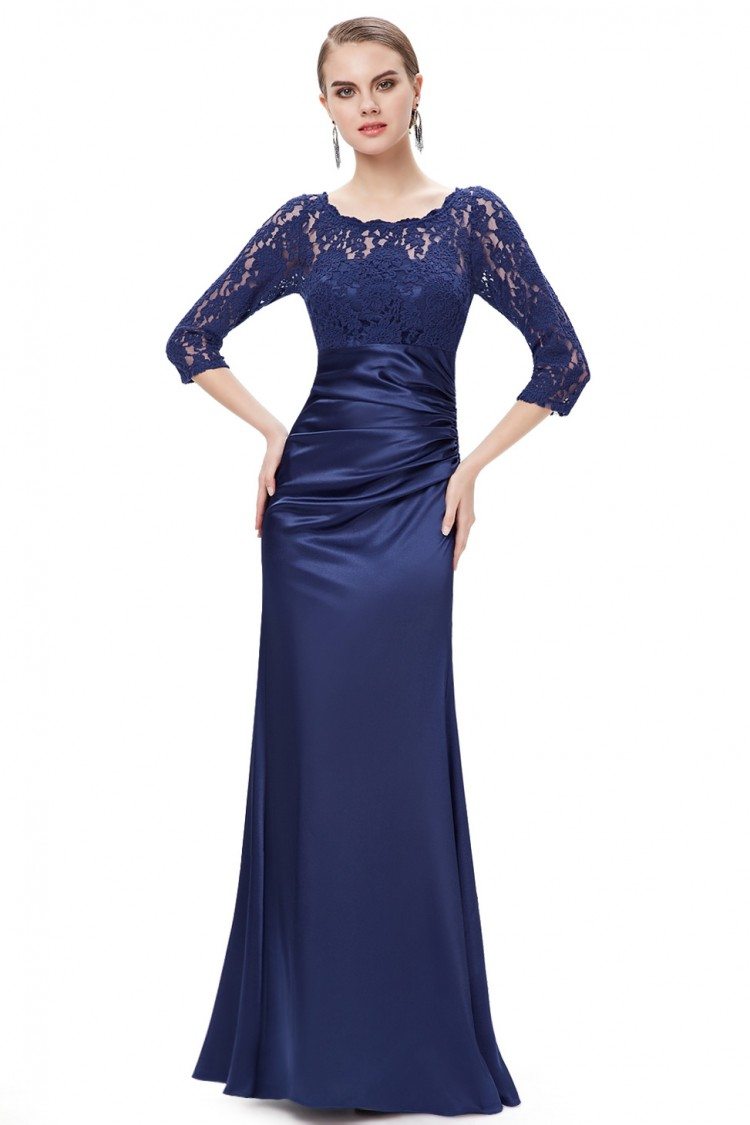 Navy Blue 3/4 Sheer Sleeves Lace Scalloped Neckline Long Formal Dress ...