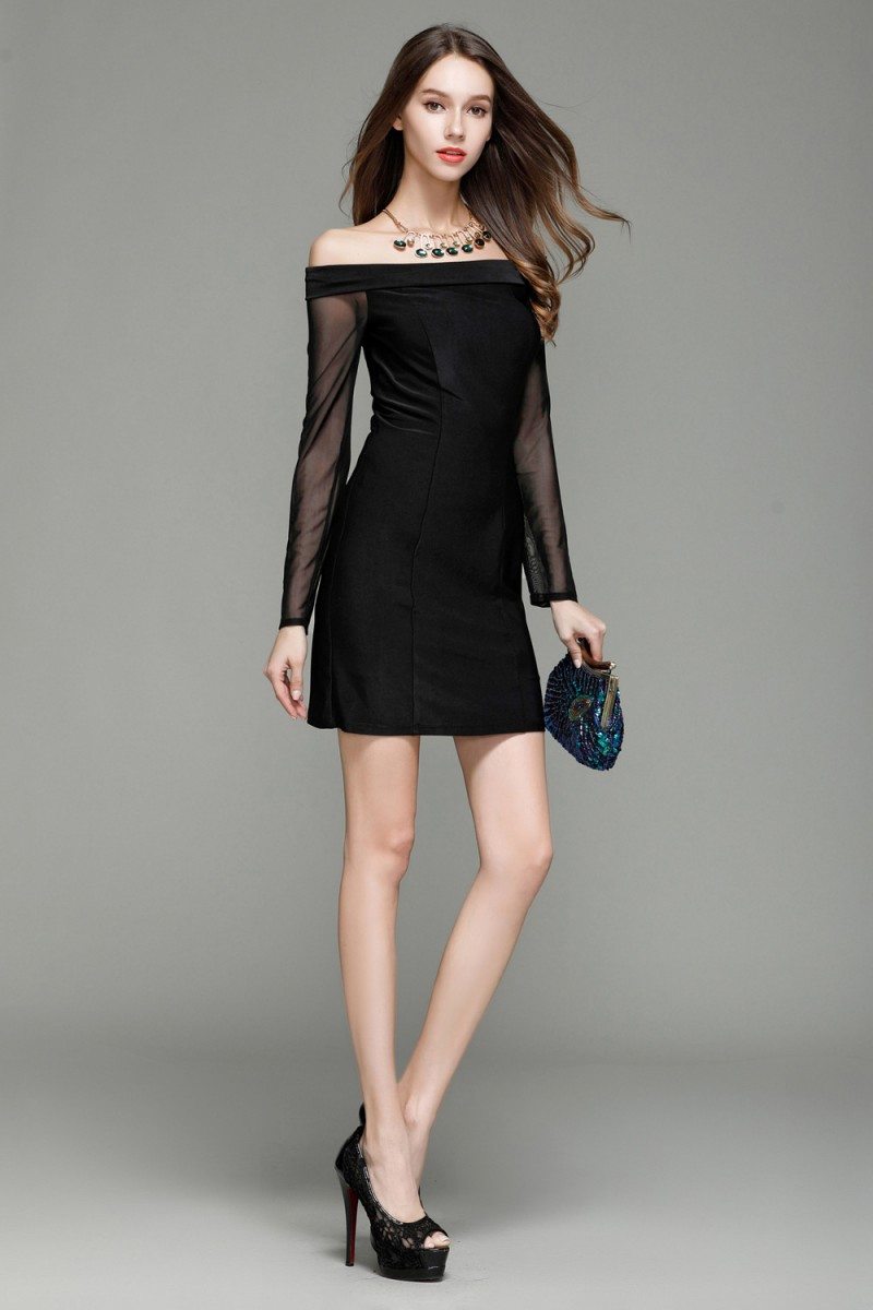 Little Black Off Shoulder Long Sheer Sleeve Party Dress - $47.94 # ...