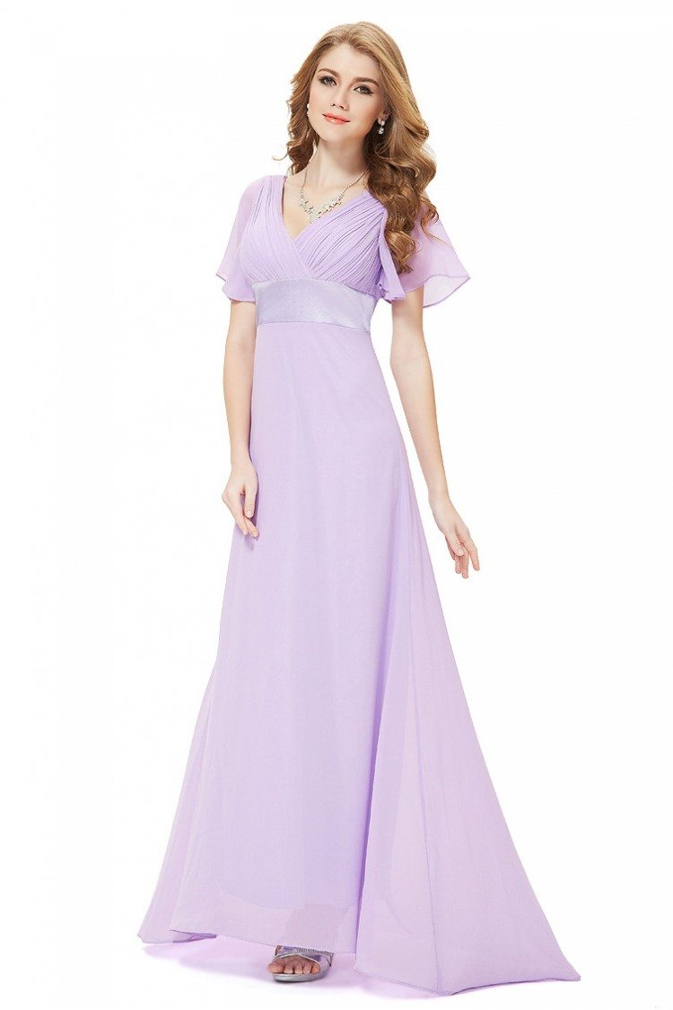 Lavender Chiffon Double V-Neck Ruffles Padded Evening Dress - $42.3 # ...