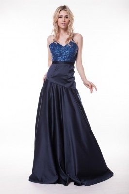 Navy Blue Open Back Long Formal Gown With Straps