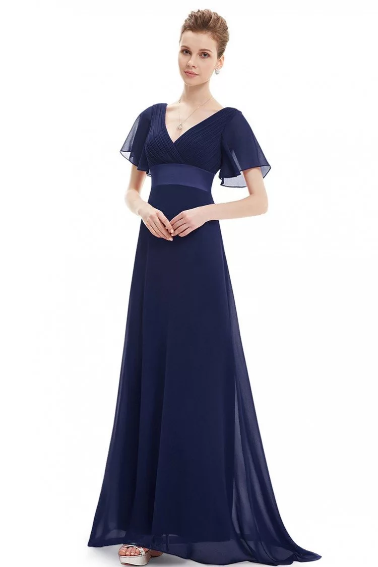 Navy Blue Chiffon Double V-Neck Ruffles Padded Evening Dress - $45 # ...