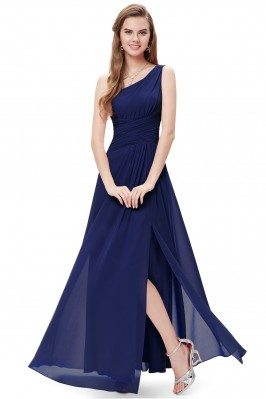 Elegant Navy Blue One Shoulder Slit Ruched Long Formal Dress - EP09905NB