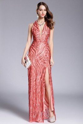 Deep V-neck Slit Long Halter Sequin Long Prom Dress